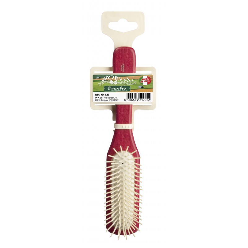 Hair brush beech wood handle, with rectangular cushion, plastic needles, red IPPA - 1